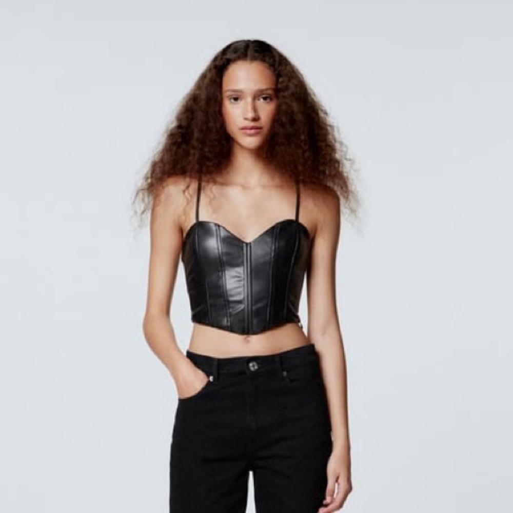 zara black faux leather corset top